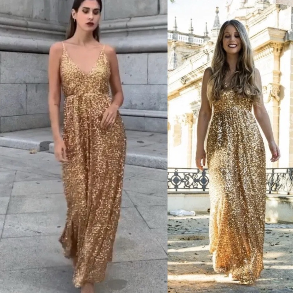 Zara gold sequins v neck maxi dress sleeveless size large disco wedding cocktail - Picture 11 of 11